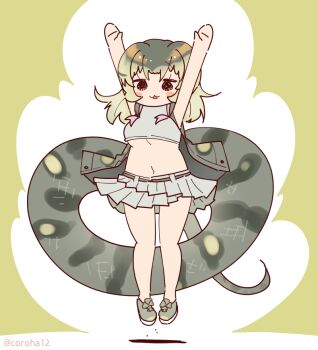 1girl anaconda_(kemono_friends) anaconda_girl armpits arms_up belt coroha full_body green_background green_hair jumping kemono_friends kemono_friends_3 long_hair looking_at_viewer navel shirt shoes simple_background skirt sleeveless sleeveless_shirt snake_girl snake_tail solo tail
