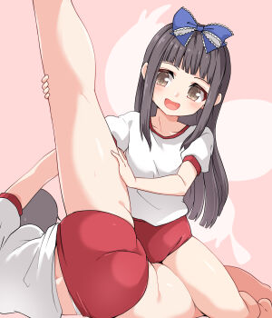 2girls ass assisted_stretching blue_bow blunt_bangs blush bow brown_eyes buruma fairy fairy_wings female_focus gym_shirt gym_uniform hair_bow holding_another&#039;s_leg huyusilver long_hair multiple_girls one_leg_raised open_mouth pink_background red_buruma shirt sitting sitting_on_person smile star_sapphire straddling stretching thighs touhou white_shirt wings