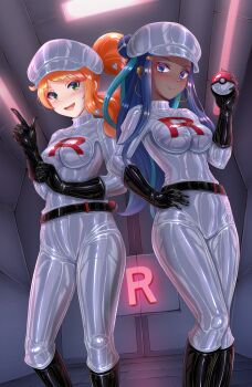 2girls aqua_hair belt black_boots black_gloves blue_eyes blue_hair bodysuit boots breasts dark-skinned_female dark_persona dark_skin earrings gloves green_eyes hat highres hoop_earrings jewelry latex latex_bodysuit long_hair looking_at_viewer medium_breasts multicolored_hair multiple_girls nessa_(pokemon) nintendo orange_hair poke_ball poke_ball_(basic) pokemon pokemon_swsh riretsuto shiny_clothes skin_tight smile sonia_(pokemon) team_rocket two-tone_hair white_bodysuit white_hat