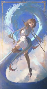 Rule 34 | 1girl, absurdres, aqua horns, arknights, arknights: endfield, artist name, black boots, black eyes, black hair, blue jacket, blue sky, boots, chen qianyu (arknights), cloud, cloudy sky, commentary, dragon girl, dragon horns, dragon tail, full body, highres, hips in air, holding, holding sword, holding weapon, horns, jacket, knee boots, long hair, looking at viewer, open clothes, open jacket, shirt, skirt, sky, smile, solo, sword, tail, teeth, weapon, white shirt, white skirt, yyalloww