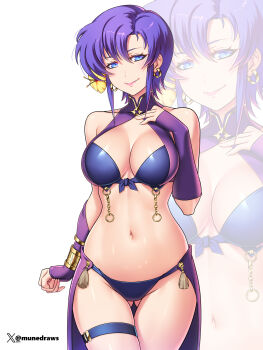 1girl absurdres arm_up bikini blue_bikini blue_eyes breasts commission commissioner_upload earrings etchimune fire_emblem fire_emblem:_the_blazing_blade fire_emblem_heroes flower gluteal_fold hair_flower hair_ornament halterneck hand_on_own_chest highres hoop_earrings jewelry large_breasts looking_at_viewer navel nintendo non-web_source official_alternate_costume purple_hair short_hair smile solo swimsuit ursula_(fire_emblem) ursula_(summer)_(fire_emblem)
