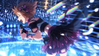 1girl black_gloves black_shirt bow brown_hair closed_eyes collar commentary_request concert cropped_shirt fingerless_gloves floating_hair frilled_skirt frills from_side game_cg gloves hagiwara_yukiho hair_bow hair_ornament heart heart_hair_ornament holding holding_microphone idolmaster idolmaster_(classic) idolmaster_million_live! idolmaster_million_live!_theater_days leaning_forward microphone official_alternate_costume official_art open_mouth purple_collar purple_skirt shirt short_hair single_fingerless_glove skirt solo_focus stage standing studded_collar third-party_source