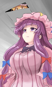 2girls black_bow blonde_hair blue_bow bow bowtie breasts closed_mouth commentary covered_erect_nipples dress expressionless hair_bow hat highres hole_in_ceiling kirisame_marisa large_breasts long_hair meme mob_cap multiple_girls namiki_(remiter00) patchouli_knowledge peeking purple_eyes purple_hair red_bow solo_focus striped_clothes striped_dress touhou upward_angle_frieren_drawing_(meme) vertical-striped_clothes vertical-striped_dress yellow_eyes