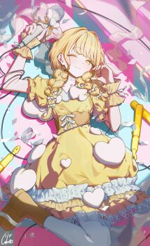 1girl arm_up blonde_hair boots braid closed_mouth commentary_request dress dress_ribbon fujita_kotone gakuen_idolmaster hair_ribbon hand_up heart highres idolmaster long_hair looking_at_viewer low_twin_braids ningen_mame one_eye_closed pantyhose ribbon short_sleeves smile twin_braids white_pantyhose white_ribbon yellow_boots yellow_dress yellow_eyes