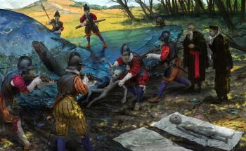 absurdres alien anachronism armor black_hat boots cape cardinal cassock flying_saucer forest gloves gun hat helmet highres italy multiple_boys nature neck_ruff original outdoors pants shade shoes spacecraft swiss_guard weapon whaleoil zucchetto