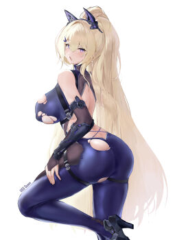 1girl absurdres ass azur_lane backless_bodysuit bare_shoulders biu_biu_bin black_bridal_gauntlets blonde_hair blue_bodysuit blue_eyes bodystocking bodysuit breasts bridal_gauntlets character_name commentary earrings facial_mark fang fishnet_bodystocking fishnets guam_(azur_lane) guam_(the_kunoichi&#039;s_dangerous_variety_show)_(azur_lane) hair_between_eyes hair_intakes heart heart_facial_mark high_heels high_ponytail highres jewelry large_breasts light_blush long_hair looking_at_viewer mechanical_ears ninja official_alternate_costume official_alternate_hairstyle open_mouth ponytail sidelocks simple_background skindentation sleeveless sleeveless_bodysuit solo standing star-shaped_pupils star_(symbol) symbol-shaped_pupils torn_bodysuit torn_clothes very_long_hair white_background