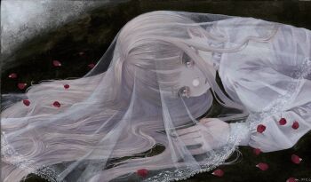 1girl absurdres blonde_hair commentary_request grey_eyes highres long_hair long_sleeves lying monou_pico on_stomach original petals red_petals see-through_clothes see-through_veil simple_background solo tears upper_body veil white_veil