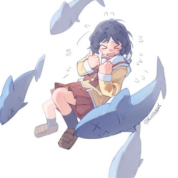 Rule 34 | > <, 1girl, black hair, black socks, blush, ezier, fins, fish tail, flying sweatdrops, highres, neckerchief, nichijou, open mouth, parted bangs, pleated skirt, red neckerchief, sailor collar, school uniform, serafuku, shark tail, shinonome nano, shirt, shoes, short hair, signature, simple background, skirt, socks, solo, stuffed animal, stuffed shark, stuffed toy, tail, tokisadame school uniform, twitter username, white background, white sailor collar, winding key