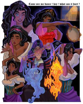 1boy 1girl absurdres black_hair black_hat border bracelet breasts church circle claude_frollo_(disney) cleavage clenched_teeth closed_eyes dancer dancing dark-skinned_female dark_skin dress earrings english_text esmeralda_(disney) fire french-unicorn furrowed_brow gold_bracelet green_eyes grey_hair hairband hand_on_own_hip hat headpiece highres holding_tambourine hoop_earrings jewelry long_hair medium_breasts off-shoulder_dress off-shoulder_shirt off_shoulder parted_lips pink_hairband pink_sleeves ponytail puffy_short_sleeves puffy_sleeves purple_skirt red_dress shirt short_hair short_sleeves skirt smoke stained_glass sunlight teeth the_hunchback_of_notre_dame_(disney) white_border white_shirt