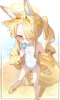 Rule 34 | 1girl, absurdres, alternate hairstyle, animal ear fluff, animal ears, blonde hair, blue archive, commentary, food, fox ears, halo, highres, holding, jacket, long hair, maeru, official alternate costume, one-piece swimsuit, popsicle, sandals, seia (blue archive), seia (swimsuit) (blue archive), solo, swim ring, swimsuit, visor cap, white one-piece swimsuit, yellow jacket
