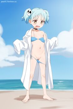 1girl barefoot beach bikini bikini_bottom_pull black_choker blue_bikini blue_hair blue_sky brown_eyes choker cleft_of_venus cloud coat collarbone commentary day ear_piercing earrings english_commentary fanbox_username flat_chest full_body hair_ornament hands_up highres izutsumi_marin jewelry lab_coat loli long_sleeves navel ninja_to_koroshiya_no_futarigurashi open_mouth outdoors oversized_clothes pestil piercing pussy sharp_teeth short_hair side-tie_bikini_bottom skull_hair_ornament sky sleeves_past_fingers sleeves_past_wrists solo standing swimsuit teeth toes twintails uncensored upper_teeth_only v-shaped_eyebrows watermark web_address white_coat