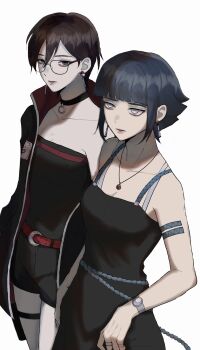 2girls belt black_choker black_dress black_eyes black_hair black_jacket black_romper blunt_bangs boruto:_two_blue_vortex breasts choker cleavage dress earrings grey_eyes highres hyuuga_hinata ifevilwhyuhot jacket jewelry konohagakure_symbol lips medium_breasts multiple_girls multiple_rings naruto_(classic) naruto_(series) off_shoulder red_belt ring romper short_hair strapless_romper thigh_strap time_paradox uchiha_sarada watch wristwatch