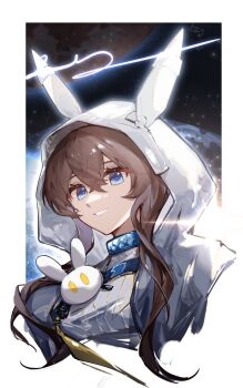 1girl absurdres amiya_(arknights) amiya_(guard)_(arknights) amiya_(guard)_(touch_the_stars)_(arknights) animal_ears animal_hood arknights blue_collar blue_eyes border breasts brown_hair collar cropped_torso ears_through_hood hair_between_eyes highres hood hood_up jacket long_hair looking_at_viewer luan_teng medium_breasts night outdoors planet rabbit_ears rabbit_hood shirt signature sky smile solo white_jacket white_shirt