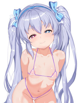 1girl absurdres arms_behind_back bikini blue_eyes bow breasts brown_dust_(series) brown_dust_2 elf gluteal_fold grey_hair hair_between_eyes hair_bow hairband heterochromia highres long_hair looking_at_viewer micro_bikini navel nipples pointy_ears purple_bikini red_eyes refithea_(brown_dust) see-through_bikini see-through_clothes small_breasts smile solo star-shaped_pupils star_(symbol) stomach swimsuit symbol-shaped_pupils twintails very_long_hair yok265