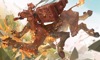 Rule 34 | 1other, absurdres, armor, centauroid, crucible knight, elden ring, elden ring: shadow of the erdtree, full armor, hammer, helm, helmet, highres, holding, holding weapon, hooves, huge weapon, nslacka, plate armor, scales, solo, tail, taur, two-handed, war hammer, weapon