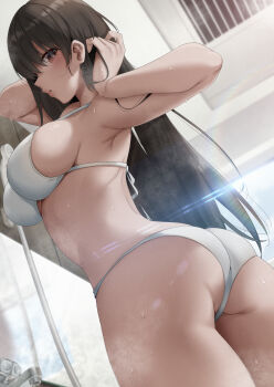 1girl armpits ass bathroom bikini black_hair blush breasts brown_eyes commentary_request faucet from_below from_side hair_between_eyes hair_down halterneck hands_up highres indoors konata_(kankin_jk) large_breasts long_hair looking_at_viewer looking_down looking_to_the_side mishiranu_joshikousei_ni_kankin_sareta_mangaka_no_hanashi open_mouth profile ryouma_(galley) shower_head sideboob solo standing string_bikini sweat swimsuit twisted_torso very_long_hair white_bikini