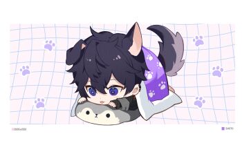 1boy animal_ears black_hair black_nails blue_eyes chibi dog_boy dog_ears dog_tail highres hp_(3000x4500) indie_virtual_youtuber long_sleeves looking_at_viewer male_focus open_mouth short_hair shoto_(vtuber) sword_earrings tail virtual_youtuber