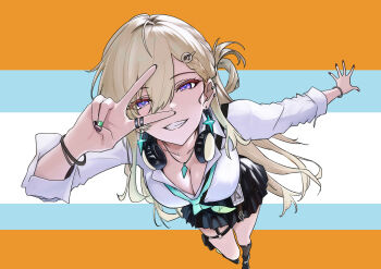 1girl absurdres black_nails blonde_hair bracelet breasts cleavage close-up collarbone commentary ear_piercing earrings green_nails green_necktie gyaru gyaru_v hair_between_eyes hair_ornament highres jewelry large_breasts long_hair looking_at_viewer loose_necktie lynae_(wuthering_waves) masuking necktie piercing pleated_skirt purple_eyes skirt skull_hair_ornament smile solo striped_background teeth v wuthering_waves