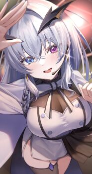 Rule 34 | 1girl, absurdres, blue eyes, blue nails, blush, bow, bowtie, breasts, brown leotard, brown thighhighs, cape, cleavage, dress, earrings, flying sweatdrops, grey hair, hair between eyes, headset, heterochromia, highres, horns, horo 27, jewelry, large breasts, leotard, long hair, looking at viewer, neo-porte, open mouth, purple eyes, see-through cleavage, see-through clothes, side slit, single thighhigh, smile, solo, spotlight, sweat, tentei forte, thighhighs, virtual youtuber, white bow, white bowtie, white cape, white dress