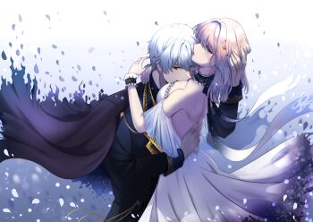 1boy 1girl absurdres black_cape black_choker black_jacket breasts cape choker commentary dress english_commentary green_eyes hair_between_eyes hair_ornament hetero highres hug jacket large_breasts looking_at_viewer mc_(obey_me!) medium_hair mole mole_on_back mole_on_breast obey_me!:_one_master_to_rule_them_all! parted_lips petals pink_hair ryuuxin short_hair solomon_(obey_me!) star_(symbol) star_hair_ornament white_dress white_hair