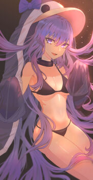 1girl animal_hood bikini black_bikini black_collar blue_jacket breasts choppy_bangs collar commentary_request cowboy_shot fate/grand_order fate_(series) hair_between_eyes highres hood hood_up hooded_jacket jacket jacket_partially_removed long_hair long_sleeves looking_at_viewer medium_breasts meltryllis meltryllis_(fate) meltryllis_(swimsuit_lancer)_(fate) meltryllis_(swimsuit_lancer)_(first_ascension)_(fate) open_mouth oro_(lsg0624) penguin_hood purple_eyes purple_hair sleeves_past_fingers sleeves_past_wrists smile solo swimsuit very_long_hair