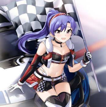 1girl bandeau belt black_choker black_shorts blue_hair brown_eyes car checkered_flag choker collarbone commentary cropped_vest english_commentary engrish_commentary flag flat_chest floating_hair gloves hairband half-skirt highres holding holding_flag idolmaster idolmaster_(classic) idolmaster_million_live! idolmaster_million_live!_theater_days kisaragi_chihaya kisaragi_chihaya_(chy-k) koubashiifuna looking_at_viewer micro_shorts midriff motor_vehicle navel official_alternate_costume official_alternate_hairstyle on_car open_mouth ponytail race_flag race_queen shorts smile solo thighhighs vest white_belt