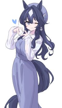 1girl animal_ears beret blue_dress blue_eyes blue_hair blush breasts commentary_request dress four-finger_heart_hands hair_between_eyes hat heart heart_hands highres horse_ears horse_girl horse_tail long_hair long_sleeves looking_at_viewer mole mole_under_eye multicolored_hair nazmocha one_eye_closed parted_lips simple_background smile solo tail umamusume verxina_(umamusume) white_background