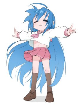 1girl :3 ahoge blue_hair blush brown_shoes brown_socks closed_eyes closed_mouth commentary_request flat_chest full_body fusuma_(suwaru_boom) highres izumi_konata long_hair lucky_star miniskirt mole mole_under_eye navel neckerchief pink_neckerchief pink_sailor_collar pink_skirt pleated_skirt ryouou_school_uniform sailor_collar school_uniform serafuku shoes simple_background skirt smile socks solo standing t-pose very_long_hair white_background