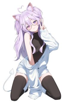 1boy :3 ahoge animal_ears bare_shoulders between_legs black_shirt black_thighhighs buttons closed_mouth commentary commission demon_tail extra_ears glasses hand_between_legs hand_up head_tilt heart heart_ahoge highres kneeling long_hair looking_at_viewer male_focus n4_h4m off_shoulder original pink_eyes pointy_ears purple_eyes purple_hair semi-rimless_eyewear shirt simple_background smile socks solo tail thigh_strap thighhighs trap two_side_up under-rim_eyewear undershirt v white_background white_shirt white_socks