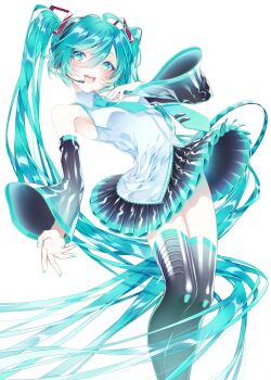 1055 1girl aqua_eyes aqua_hair aqua_nails aqua_necktie aqua_trim black_skirt black_sleeves blush breasts commentary_request detached_sleeves fingernails hair_between_eyes hair_ornament hatsune_miku headset highres long_hair long_sleeves looking_at_viewer miniskirt nail_polish necktie open_mouth pleated_skirt shirt simple_background skirt sleeveless sleeveless_shirt small_breasts smile solo teeth thighhighs tie_clip twintails upper_teeth_only very_long_hair vocaloid white_background wide_sleeves zettai_ryouiki