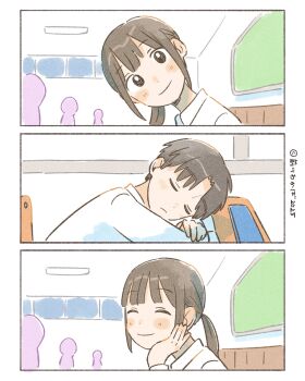 1boy 1girl 2025 3koma 3others artist_name black_eyes black_hair blush brown_hair classroom closed_eyes comic copyright_logo desk head_on_table head_rest highres indoors logo maekawa_wakaba multiple_others original parted_bangs ponytail school_desk school_uniform shirt silent_comic sleeping smile white_shirt