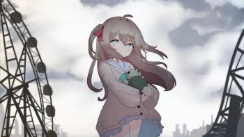 1girl ahoge aqua_bow aqua_bowtie blue_eyes blue_sailor_collar blue_skirt bow bowtie brown_hair cardigan closed_mouth cloud cloudy_sky commentary cowboy_shot english_commentary from_side goyu24 hair_ornament hair_ribbon heart heart_hair_ornament highres long_hair long_sleeves neuro-sama outdoors pleated_skirt red_ribbon ribbon roller_coaster sailor_collar skirt sky solo stuffed_toy two_side_up vedal987 vedal_ai virtual_youtuber yellow_cardigan