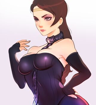 1girl armpits bare_shoulders breasts circlet cleavage dress elbow_gloves eyeshadow female_focus gloves hand_on_own_hip makeup padme_amidala parted_lips skindentation solo star_wars star_wars:_attack_of_the_clones strapless strapless_dress superboin upper_body