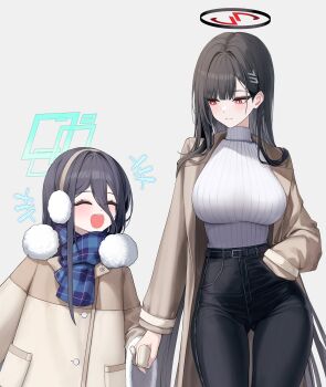 2girls absurdres aris_(blue_archive) belt black_hair blue_archive breasts brown_coat coat denim fingernails gluteal_fold hand_in_pocket highres holding_hands jeans large_breasts long_fingernails long_hair multiple_girls pants red_eyes rio_(blue_archive) sab_(sab2500) scarf sweater thighs turtleneck turtleneck_sweater white_background