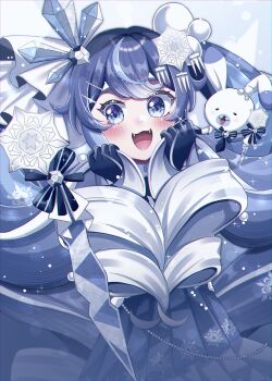 1girl absurdres animal asteroid_stella blue_bow blue_bowtie blue_dress blue_eyes blue_gloves blue_hair blue_skirt blush bow bowtie commentary_request crystal_hair_ornament dress gloves gradient_hair hair_between_eyes hair_ornament hatsune_miku highres holding holding_own_hair long_hair looking_at_viewer multicolored_hair official_alternate_costume official_alternate_hairstyle open_mouth pleated_skirt rabbit rabbit_yukine sidelocks skirt smile snow snowflake_hair_ornament snowflake_print streaked_hair teeth twintails two-tone_hair upper_body very_long_hair vocaloid wand white_hair white_rabbit_(animal) yuki_miku yuki_miku_(2025)