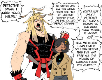 1boy 1girl ahoge black_hair blonde_hair clenched_hand closed_eyes coat dark-skinned_female dark_skin emma_(pokemon) english_text fingerless_gloves gloves hair_ornament hairclip ivor_(pokemon) long_hair mole mole_under_mouth muscular muscular_male nintendo open_mouth pokemon pokemon_legends:_z-a red_eyes red_gloves sweatdrop tank_top trench_coat upper_body wanderjegson