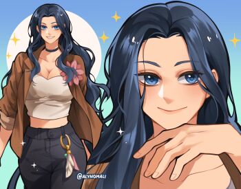 1girl alynomali black_choker black_hair black_pants blue_background blue_eyes brown_jacket choker commentary crop_top english_commentary gradient_background highres jacket long_hair multiple_views nico_robin one_piece pants smile sparkle twitter_username