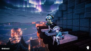 2girls :d :o aurora barefoot black_boots blue_shirt boots chinese_commentary commentary expressionless green_eyes green_hair green_skirt hairband hat hat_ribbon highres komeiji_koishi komeiji_satori long_sleeves looking_at_viewer looking_to_the_side medium_hair minecraft multiple_girls open_mouth pink_skirt pixel_art purple_eyes purple_hair ribbon shirt short_hair sitting skirt smile standing takeez3 third_eye touhou twitter_username yellow_shirt