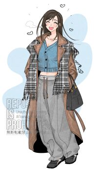 1girl alternate_costume ass baggy_pants black_hair black_shoes blue_cardigan blush breasts breath brown_coat cardigan casual checkered_clothes checkered_scarf cleavage closed_eyes coat collarbone commentary_request cropped_cardigan earrings facing_viewer final_fantasy final_fantasy_vii full_body grey_pants heart highres jewelry long_hair midriff_peek mrg2by necklace notice_lines open_clothes open_coat open_mouth pants scarf shoes signature smile solo standing tifa_lockhart