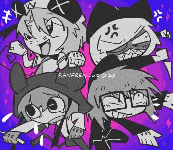 Rule 34 | 4boys, animal hat, cat hat, chibi, commentary request, eye mask, glasses, greyscale with colored background, hat, highres, holding, holding knife, holding needle, ikedagok, kinder surprised michael jr., knife, male focus, mask, mouse boy, mouse hat, mouse tail, multiple boys, needle, nyen (randal's friends), present day problem takeuchi robert, purple background, randal's friends, randal ivory, sailor, sailor hat, short hair, tail