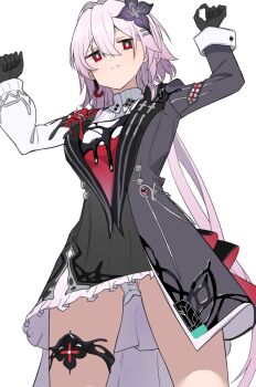 1girl arms_up black_dress black_flower black_gloves breasts closed_mouth commentary_request cow dress earrings evernight_(honkai:_star_rail) expressionless flower flower_ornament gloves hair_between_eyes hair_flower hair_ornament hairclip highres honkai:_star_rail honkai_(series) jewelry long_hair long_sleeves looking_at_viewer looking_down march_7th_(honkai:_star_rail) official_alternate_eye_color panties pantyshot pink_hair red_eyes simple_background single_earring solo underwear white_background white_panties ynfkin