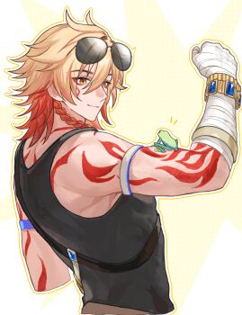 Rule 34 | 1boy, arm tattoo, armband, back tattoo, bandaged hand, bandages, blonde hair, bracelet, braid, chinese commentary, commentary request, eyewear on head, facial tattoo, frog, gold bracelet, gradient hair, grey armband, highres, honkai: star rail, honkai (series), jewelry, male focus, medium hair, multicolored hair, mydei (honkai: star rail), qsbtan90, red hair, red tattoo, side braid, solo, sunglasses, tattoo, yellow eyes