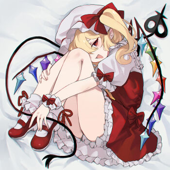 Rule 34 | 1girl, blonde hair, bloomers, bow, commentary, crystal, crystal wings, fang, flandre scarlet, frilled skirt, frills, hair bow, hat, highres, kani nyan, laevatein (touhou), looking at viewer, lying, mary janes, mob cap, multicolored wings, on side, one side up, open mouth, puffy short sleeves, puffy sleeves, red bow, red eyes, red shoes, red skirt, red vest, shoes, short sleeves, skirt, skirt set, sleeve bow, smile, socks, solo, touhou, underwear, untranslatable commentary, vest, white bloomers, white hat, white socks, wings