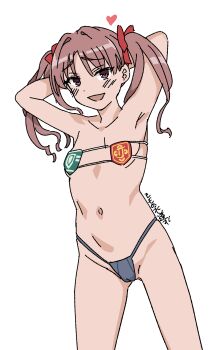 1girl absurdres adapted_costume armpits arms_behind_head arms_up bikini brown_eyes brown_hair collarbone cowboy_shot emblem flat_chest heart highres judgement_armband_(toaru) long_hair momo_no_suidou-sui navel red_ribbon ribbon school_emblem school_uniform shirai_kuroko signature solo stomach swimsuit toaru_kagaku_no_railgun toaru_majutsu_no_index tokiwadai_school_uniform twintails white_background
