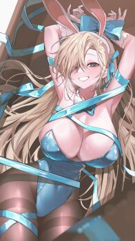 1girl absurdres animal_ear_hairband animal_ears armpits arms_up asuna_(blue_archive) asuna_(bunny)_(blue_archive) asymmetrical_bangs blonde_hair blue_archive blue_bow blue_bowtie blue_eyes blue_halo blue_leotard blue_ribbon blush bound bound_wrists bow bowtie breasts cleavage covered_groin covered_navel detached_collar fake_animal_ears gloves grin hair_over_one_eye hair_ribbon hairband halo highleg highleg_leotard highres hokkul large_breasts leotard long_hair looking_at_viewer lying mole mole_on_breast no_halo official_alternate_costume pantyhose playboy_bunny rabbit_ear_hairband rabbit_ears ribbon ribbon_bondage smile solo strapless strapless_leotard sweat thighband_pantyhose tied_up_(nonsexual) traditional_bowtie very_long_hair white_gloves