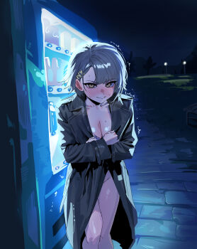 1girl absurdres asymmetrical_bangs bench blush breasts cleavage closed_mouth coat covering_privates embarrassed exhibitionism feet_out_of_frame girls&#039;_frontline girls&#039;_frontline_2:_exilium groin hair_ornament highres lamppost long_sleeves looking_at_viewer night nose_blush nude nude_cover outdoors public_indecency ruppu short_hair small_breasts solo standing sweat trembling trench_coat vector_(girls&#039;_frontline) vending_machine x_hair_ornament yellow_eyes