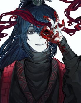 1boy bleeding blood blood_on_face blood_on_hands blue_hair commentary english_commentary family_hierarch_candidate_(identity)_(project_moon) grey_eyes grin half_updo highres hong_lu_(project_moon) kefir1704 limbus_company looking_ahead male_focus missing_eye ok_sign ok_sign_over_eye pale_skin ponytail portrait project_moon smile solo white_background