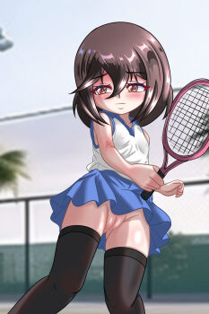 1girl black_thighhighs blue_skirt blush brown_eyes brown_hair chapio collarbone covered_erect_nipples embarrassed exhibitionism flat_chest highres holding holding_racket holding_tennis_racket loli looking_to_the_side no_panties original palm_tree photo_background public_indecency pussy racket rui_(chapio) shirt short_hair skirt sky sleeveless sleeveless_shirt sportswear standing tennis tennis_court tennis_net tennis_racket tennis_uniform thighhighs tree white_shirt wind wind_lift