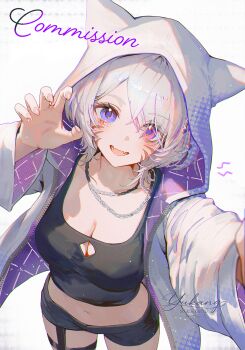 Rule 34 | 1girl, animal ear hood, artist name, black camisole, black shorts, blue eyes, breasts, camisole, chain, chain necklace, chromatic aberration, claw pose, cleavage, cleavage cutout, clothing cutout, collarbone, commentary, commission, cowboy shot, crop top, facial mark, fake animal ears, fangs, final fantasy, final fantasy xiv, heterochromia, highres, hood, hood up, hooded jacket, jacket, jewelry, looking at viewer, midriff, miqo'te, navel, necklace, open clothes, open jacket, pink eyes, pixiv commission, shorts, simple background, skin fangs, solo, twitter username, warrior of light (ff14), whisker markings, white background, white hair, yutttang