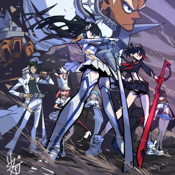 3boys 4girls absurdres black_hair black_hat black_skirt blonde_hair blue_eyes blue_hair blue_skirt dark_skin gamagoori_ira green_hair harime_nui hashtag-only_commentary hat highres holding holding_scissors holding_sword holding_weapon inumuta_houka jakuzure_nonon junketsu kill_la_kill kiryuuin_satsuki little_mojoi long_hair mankanshoku_mako matoi_ryuuko midriff multicolored_hair multiple_boys multiple_girls navel pink_eyes pink_hair red_hair revealing_clothes sanageyama_uzu school_uniform scissor_blade_(kill_la_kill) scissors senketsu serafuku short_hair skirt smile sword thighhighs two-tone_hair weapon